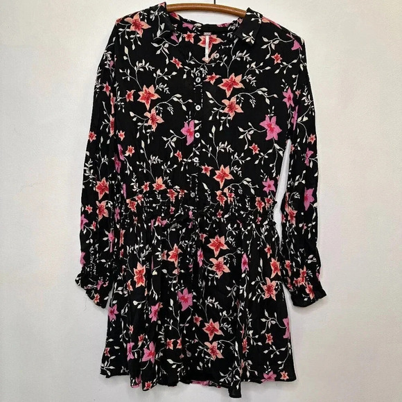 NWT Free People Lighten Up Black Floral Combo Shirt Dress Size Small - Picture 1 of 6